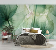 Ethereal Green Leaf Wall Mural – Nature-Inspired Botanical Wallpaper with Soft Translucent Leaves in Calming Green Hues.