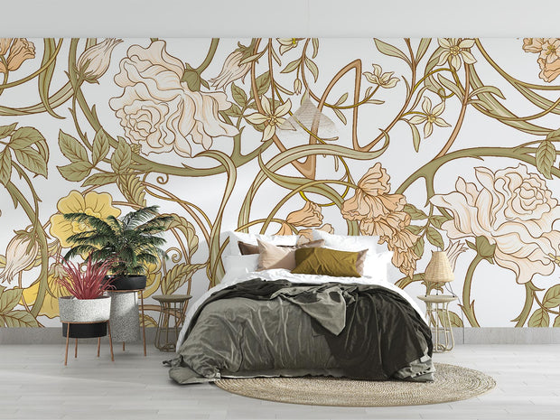 Art Nouveau botanical wall mural with flowing floral patterns in beige, sage green, and gold tones, styled in a modern bedroom.