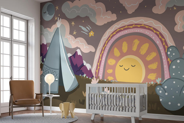 Boho-inspired kids wall mural featuring a sunset, rainbow, mountains, teepee, and desert landscape in soft earthy tones with a dreamy, whimsical design.