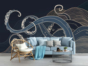 Modern octopus tentacles wall mural with bold navy and cream tones, featuring abstract ocean wave patterns on a dark background.