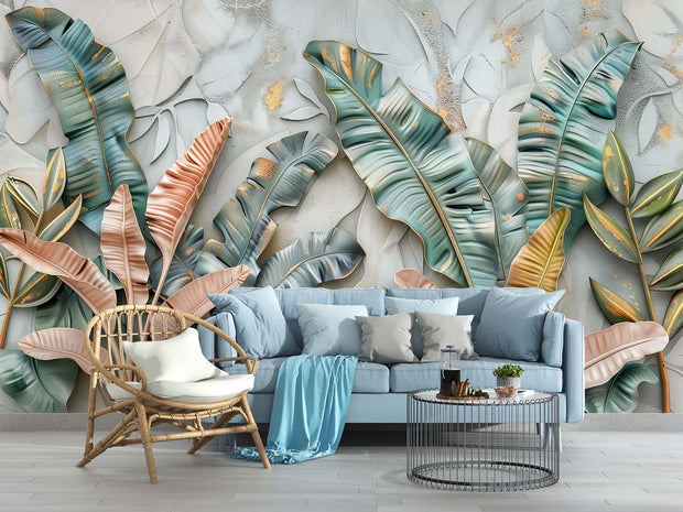 Luxury Tropical Leaf Wall Mural – 3D Botanical Wallpaper with Banana Leaves, Golden Accents, and Textured Background for Elegant Interiors.