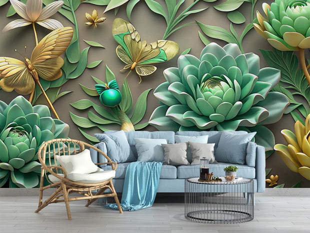 Luxury 3D Botanical Wall Mural – Realistic Succulent and Butterfly Wallpaper with Golden Accents for Elegant Modern Interiors.