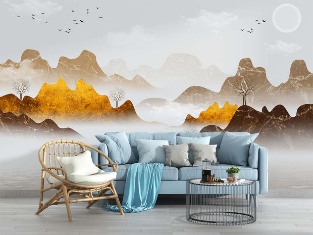 Golden Abstract Mountain Wall Mural – Luxury Wallpaper with Marble-Textured Peaks, Metallic Gold Accents, and a Misty Landscape for Elegant Interiors.