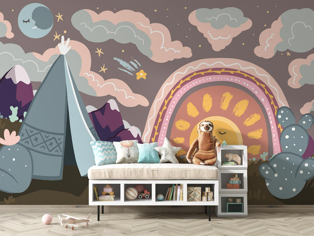 Boho-inspired kids wall mural featuring a sunset, rainbow, mountains, teepee, and desert landscape in soft earthy tones with a dreamy, whimsical design.