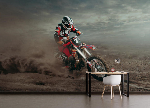 Wall mural featuring a dirt bike racer in mid-action on a desert track, surrounded by dust and rugged terrain.