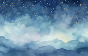 Starry night wall mural featuring a watercolor style sky in deep blue tones with golden stars.