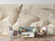 Sophisticated tropical leaf wall mural with fine-line botanical detailing in neutral beige and taupe tones, ideal for modern and elegant interior spaces.