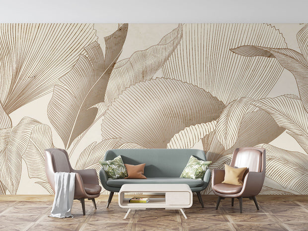 Sophisticated tropical leaf wall mural with fine-line botanical detailing in neutral beige and taupe tones, ideal for modern and elegant interior spaces.