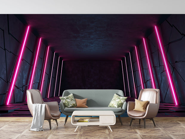 Futuristic Neon Tunnel Wall Mural – 3D Cyberpunk-Inspired Wallpaper with Pink Neon Lights, Geometric Paneling, and Sci-Fi Aesthetic for Gaming and Modern Interiors.