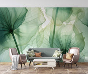 Ethereal Green Leaf Wall Mural – Nature-Inspired Botanical Wallpaper with Soft Translucent Leaves in Calming Green Hues.