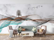 Abstract Flowing Waves Wall Mural – Modern Minimalist Landscape Wallpaper with Ethereal Fluid Waves, a Solitary Tree, and a Flock of Birds Over a Marble-Textured Background.