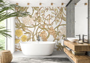 Art Nouveau botanical wall mural with flowing floral patterns in beige, sage green, and gold tones, styled in a modern bathroom.