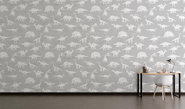 Minimalistic grey dinosaur wall mural with white dinosaur silhouettes, perfect for a modern kid's bedroom or nursery.