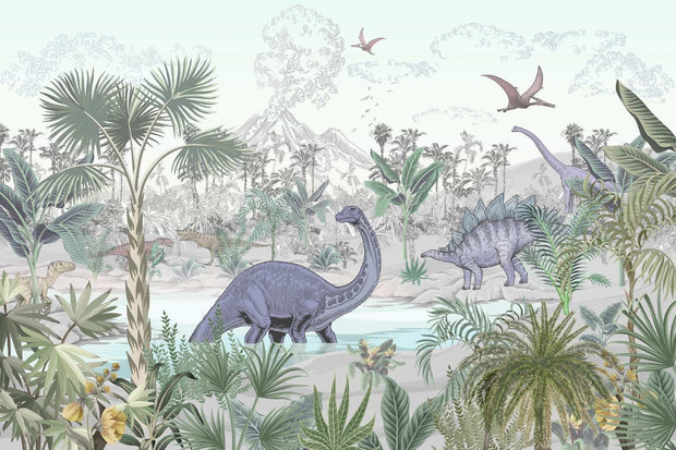 Jungle dinosaur wall mural and wallpaper featuring Stegosaurus, Brontosaurus, lush jungle plants and volcanoes.