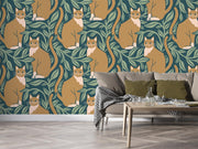 Whimsical wall mural featuring orange cats surrounded by green leaves, adding playful charm to a modern living room.