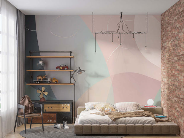 Modern Abstract Pastel Wall Mural – Soft Minimalist Wallpaper with Blush, Sage Green, and Taupe Curves for Contemporary Interiors.