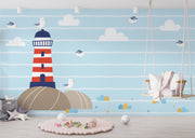 Red and White stipes Lighthouse wallpaper for kid's room