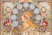 Art Nouveau wall mural with a celestial muse surrounded by astrological zodiac symbols and stained-glass patterns.