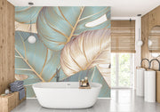 Teal and gold tropical leaf wall mural with oversized botanical patterns and fine-line detailing, perfect for modern, tropical, and boho-inspired interiors.