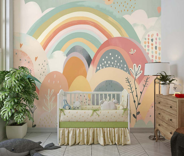 Colorful rainbow hills wall mural with soft pastel tones, whimsical hand-painted patterns, and playful botanical details – perfect for a kids’ bedroom or nursery decor.