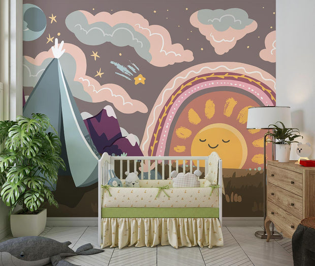 Boho-inspired kids wall mural featuring a sunset, rainbow, mountains, teepee, and desert landscape in soft earthy tones with a dreamy, whimsical design.