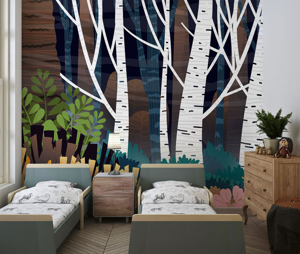 Enchanted Birch Forest Wall Mural – White birch trees with dark woodland backdrop, perfect for modern home decor, living rooms, bedrooms, and offices.