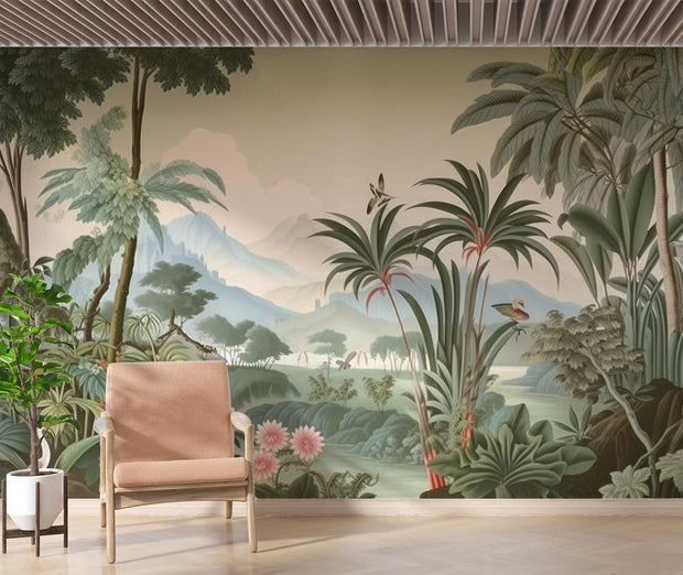 Vintage tropical landscape wall mural with exotic greenery, misty mountains, palm trees, and birds, styled in a modern interior with warm-toned decor.