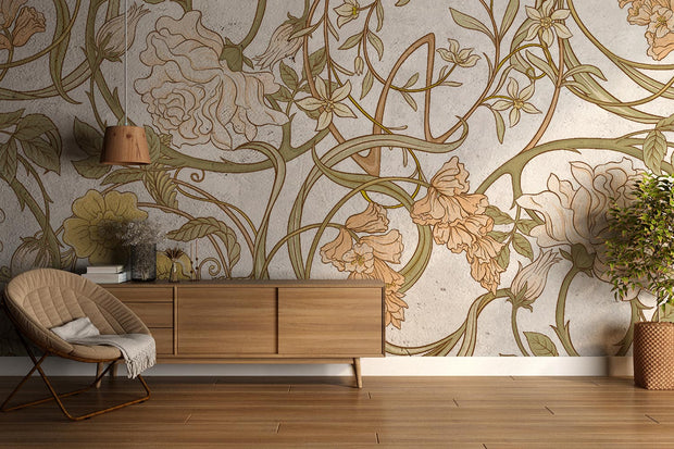 Art Nouveau botanical wall mural with flowing floral patterns in beige, sage green, and gold tones, styled in a classic living room with wooden furniture.