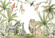 Safari Wildlife Wall Mural – Watercolor mural with lions, zebras, monkeys, and parrots in a tropical landscape, ideal for kids' rooms and nurseries.