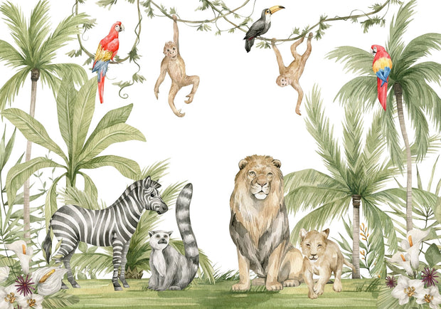 Safari Wildlife Wall Mural – Watercolor mural with lions, zebras, monkeys, and parrots in a tropical landscape, ideal for kids' rooms and nurseries.