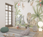 Safari Wildlife Wall Mural – Watercolor mural with lions, zebras, monkeys, and parrots in a tropical landscape, ideal for kids' rooms and nurseries.