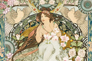 Art Nouveau wall mural with a serene goddess, floral patterns and decorative birds.