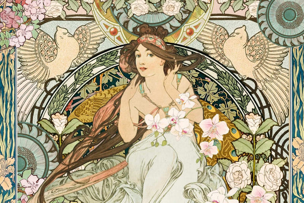 Art Nouveau wall mural with a serene goddess, floral patterns and decorative birds.