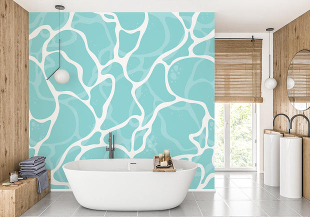 Modern pool water pattern wall mural with aqua-blue and white ripple design, ideal for bathroom or spa décor.