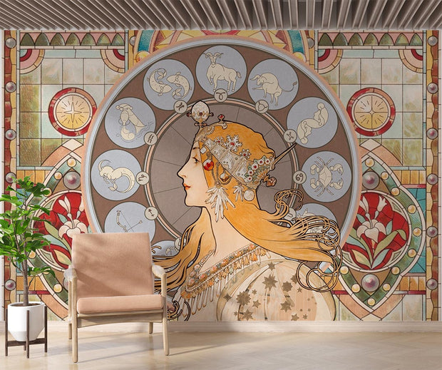 Art Nouveau wall mural with a celestial muse surrounded by astrological zodiac symbols and stained-glass patterns, perfect for adding cosmic elegance to a space.