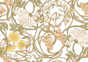 Art Nouveau botanical wall mural with flowing floral patterns in beige, sage green, and gold tones.