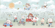 Animal-themed wall mural featuring animals riding bikes, scooters and driving cars in a whimsical pastel colored town.