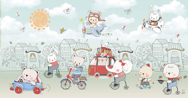 Animal-themed wall mural featuring animals riding bikes, scooters and driving cars in a whimsical pastel colored town.