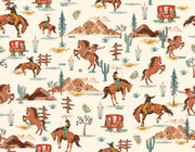 Wild West cowboy wall mural featuring galloping horses, cowboys, cacti, and Western landscapes in a vintage-style wallpaper design.