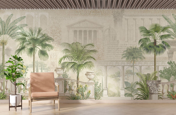 Elegant classical architecture and tropical palm wall mural featuring Roman-style columns, domes, and lush greenery in a vintage aesthetic.