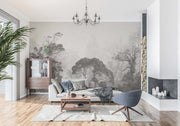 Grayscale misty forest wall mural featuring soft light filtering through trees, creating a serene and tranquil atmosphere for modern and minimalist interiors.