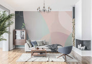 Modern Abstract Pastel Wall Mural – Soft Minimalist Wallpaper with Blush, Sage Green, and Taupe Curves for Contemporary Interiors.