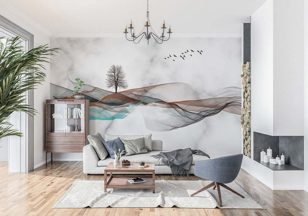 Abstract Flowing Waves Wall Mural – Modern Minimalist Landscape Wallpaper with Ethereal Fluid Waves, a Solitary Tree, and a Flock of Birds Over a Marble-Textured Background.