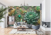 Luxury 3D Botanical Wall Mural – Realistic Succulent and Butterfly Wallpaper with Golden Accents for Elegant Modern Interiors.