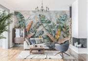 Luxury Tropical Leaf Wall Mural – 3D Botanical Wallpaper with Banana Leaves, Golden Accents, and Textured Background for Elegant Interiors.