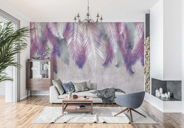 Modern Tropical Palm Leaf Wall Mural – Ombre Gradient Botanical Wallpaper with Cascading Palm Fronds in Purple, Green, and White Over a Textured Background.