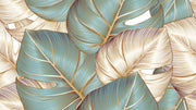 Teal and gold tropical leaf wall mural with oversized botanical patterns and fine-line detailing, perfect for modern, tropical, and boho-inspired interiors.