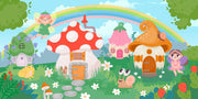 Whimsical Fairyland Wall Mural featuring mushroom houses, fairies, rainbows, and forest creatures – perfect for kids' rooms and nurseries.