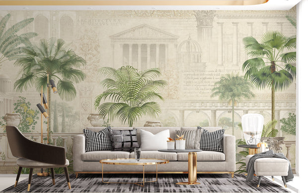 Elegant classical architecture and tropical palm wall mural featuring Roman-style columns, domes, and lush greenery in a vintage aesthetic.