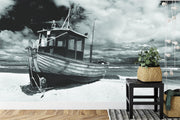 Fishing boat on beach wall mural image 0